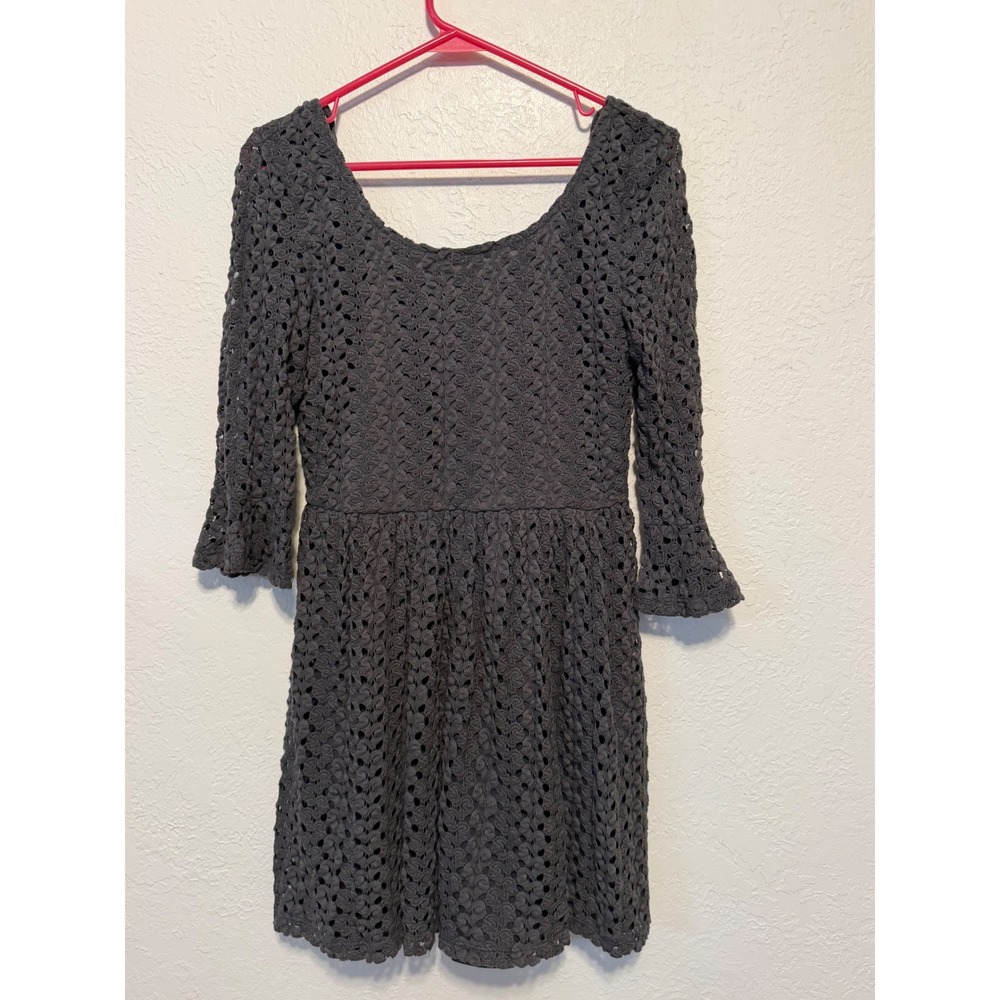 Mimi Chica Charcoal Grey Crochet Long Sleeve Mini Dress Skater Boho DWL472 L